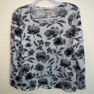 Chicos Gray & Black Floral Long Sleeve Top Size 0 Small